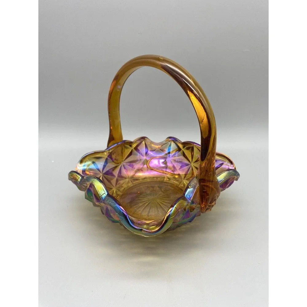 Vintage Indiana Glass Monticello Yellow Mist  Carnival Glass Basket‎ With Handle